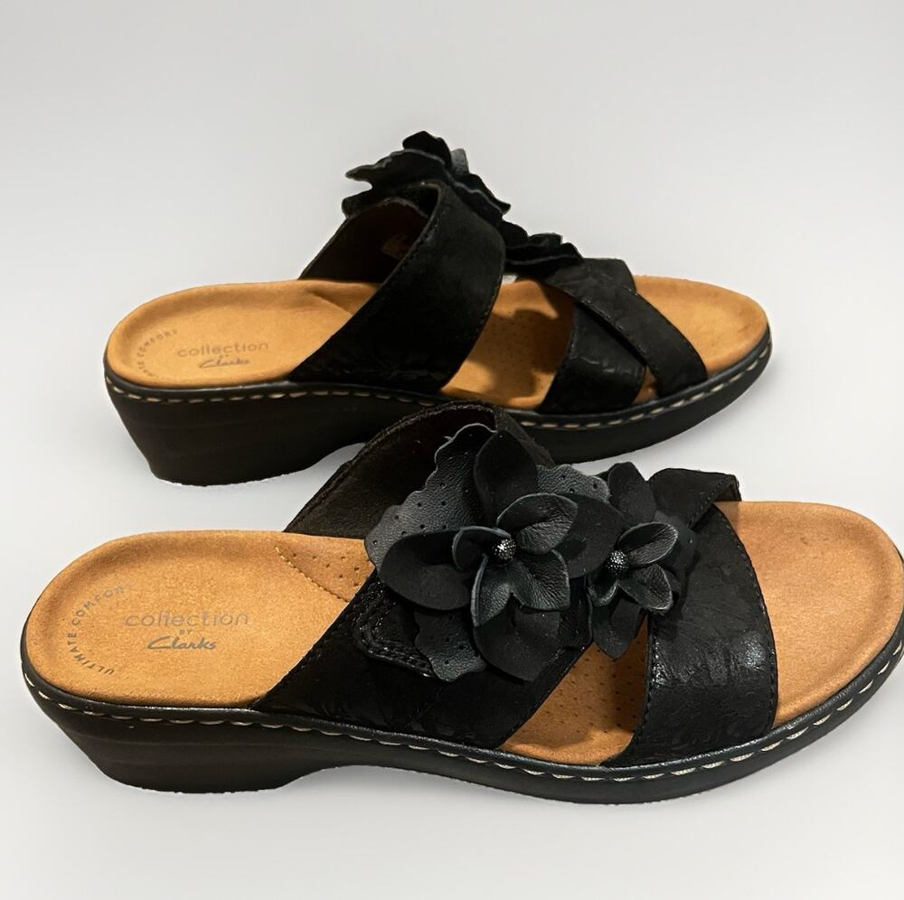 Clarks Collection Merliah Raelyn Leather Wedge Sandal Black Size 7.5